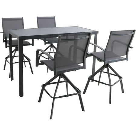 Hanover Naples 5-Piece Outdoor High-Dining Set with 4 Swivel Bar Chairs and a Glass-Top Bar Table Gray