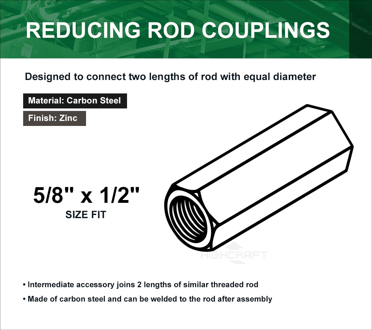 Highcraft 5/8" X 1/2" X 2-5/8" Reducing Rod Coupling Nuts, Zinc Plated, 80 Pk