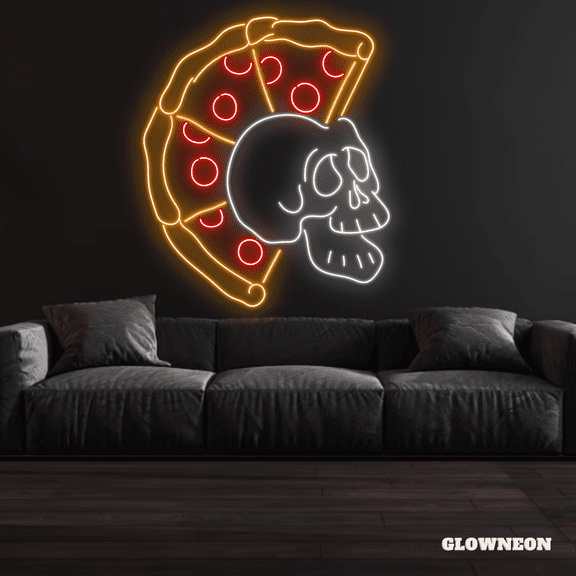 Glowneon Skull Pizza Neon Sign, Pizza Shop Sign, Pizza Wall Decor