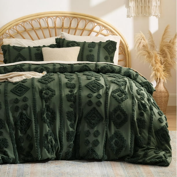 Juego de Edredón Bedsure Queen Size Verde Oscuro con Capitonado Boho 3 Piezas