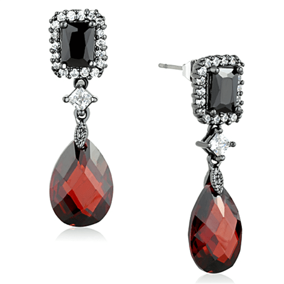 Women's Brass Ruthenium CZ Black Clear Red Garnet Pear Dangle & Drop Earrings