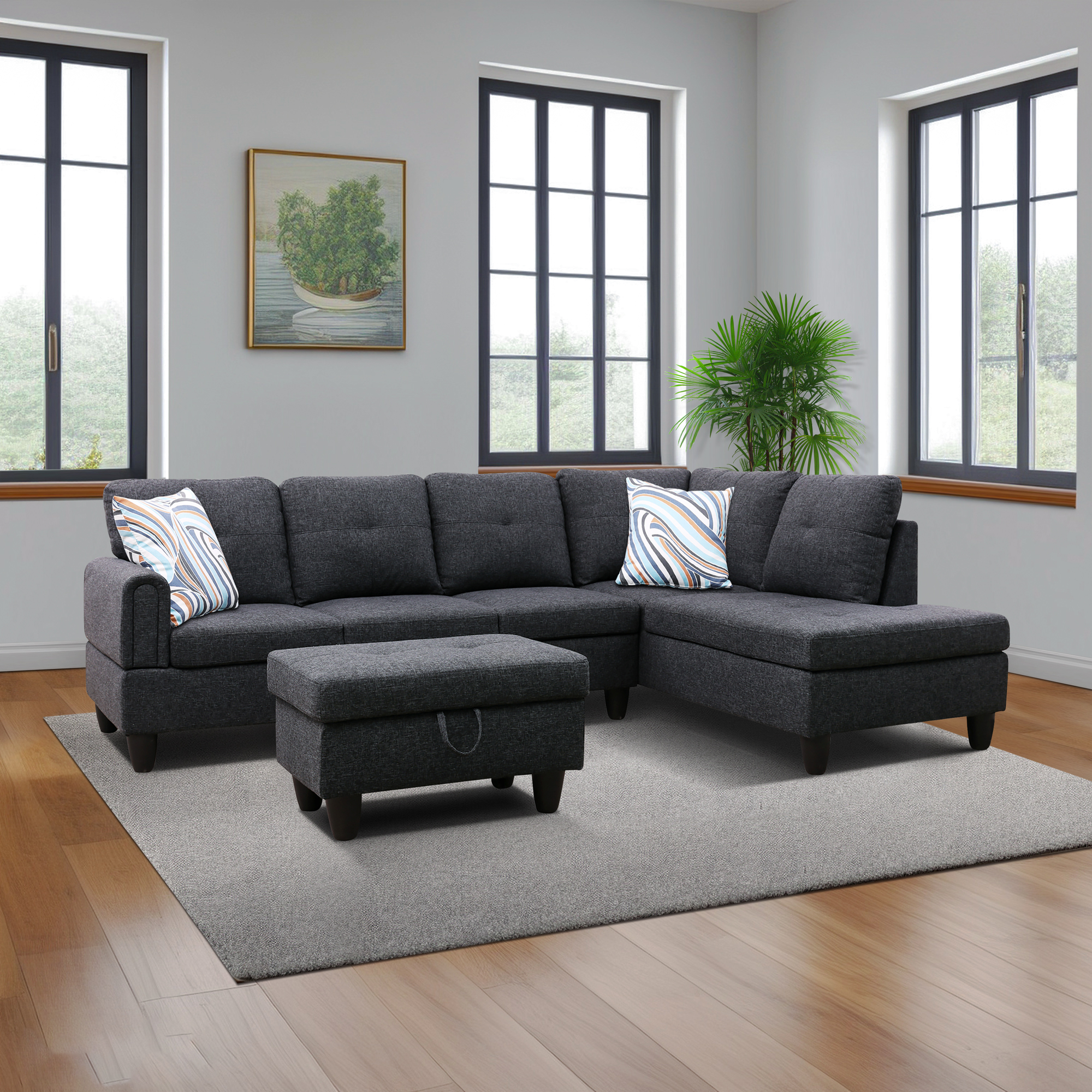Prilinex L Shaped Couch Sectional Couches with Chaise and Storage Ottoman, 3 Pieces Modern Linen Sofa for Living Room Furniture Sets and Small Apartment, Black Grey