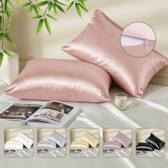 Pink Satin Pillowcase with Zipper Set of 2 Derived from Bamboo, Ultra Soft Satin Cooling Pillow Cases Standard Size, Breathable Pillow Covers for Hair & Skin