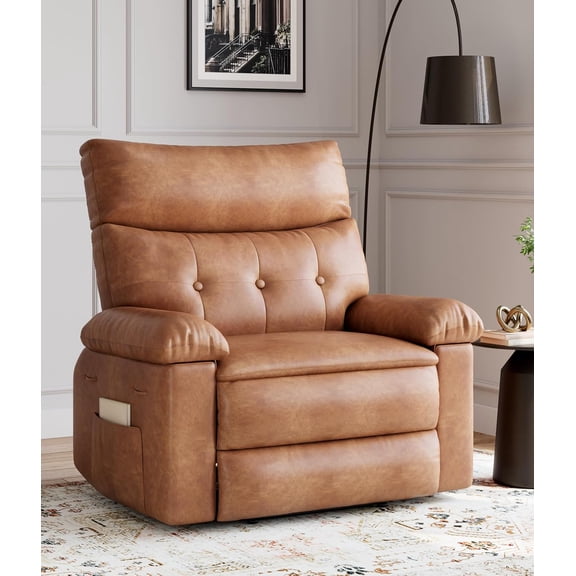 Recliner Chair - PU Leather Manual Recliner for Adults, Comfy Reclining Chair with Overstuffed Arms and Back, Side Pocket, Single Sofa for Living Room, Bedroom