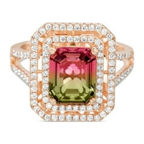 Inspired by You Emerald Cut Prong Set Simulated Watermelon Tourmaline and Round Cubic Zirconia Halo Cocktail Ring for Women in Rose Gold Plated 925 Sterling Silver