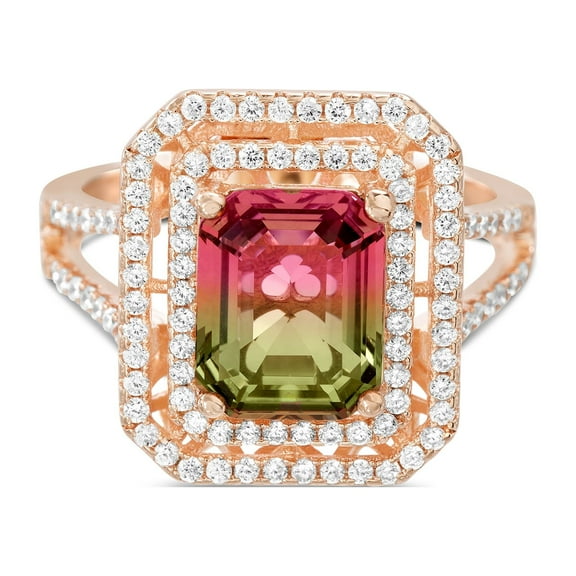 Inspired by You Emerald Cut Prong Set Simulated Watermelon Tourmaline and Round Cubic Zirconia Halo Cocktail Ring for Women in Rose Gold Plated 925 Sterling Silver