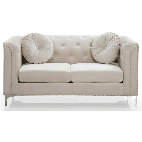 Pompano 62 In. Ivory Tufted Velvet 2-Seater Sofa With 2-Throw Pillow