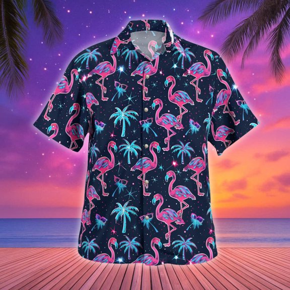 Flamingo Neon Hawaiian Shirt, Flamingo Coconut Shirt, Bird Aloha Short Sleeve Shirt, Natural Lovers Shirt, Summer Vacation Beach Outfit