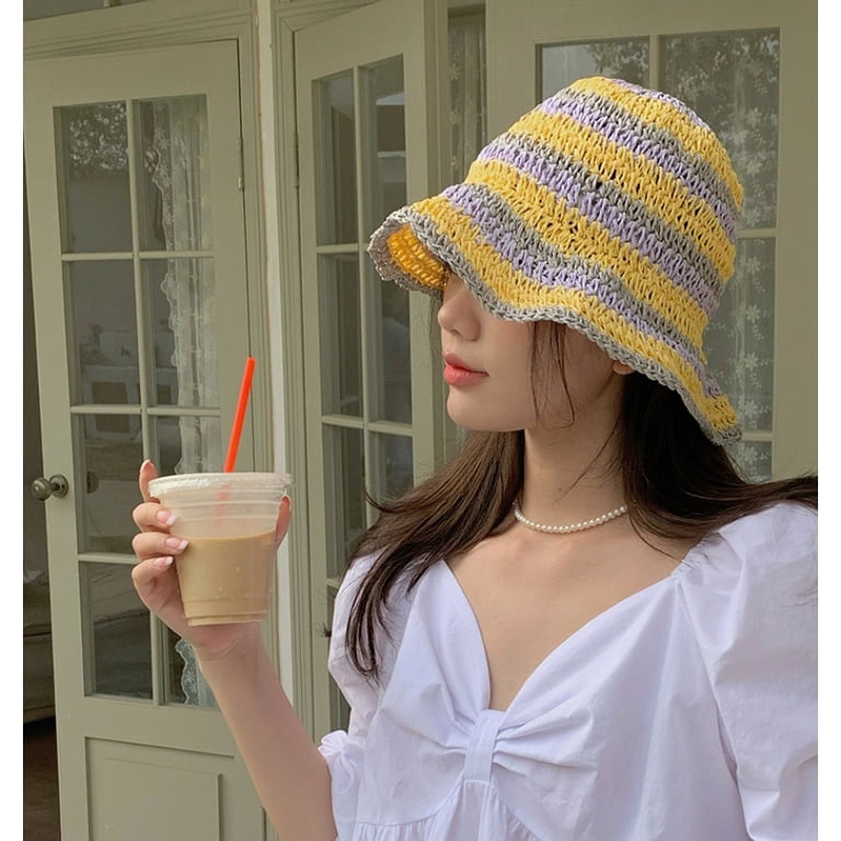 Straw Crochet Summer Bowler Foldable Bucket Hat WITHMOONS Women Cap Straw Crochet Sun Summer Bowler Foldable  main image 2