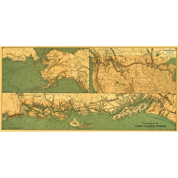 Old Travel Map - Alaska Excursion Steamers, N Pacific Railroad 1891 - 23 x 47
