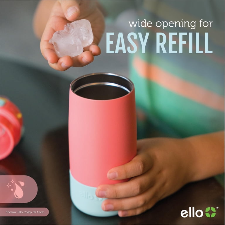 Ello Colby Kids Stainless Steel Water Bottle – 12 Oz Insulated Bottle With Straw, Leak-Proof Lid & Silicone Coaster Base | Coral Color