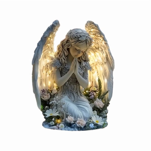 Spiritual Praying Angel Light-Up Decor, Resin Angel Figurine with Warm Wing Glow & Floral Details, Comforting Statue for Desk, Bedroom, Living Room Home Decor (White)