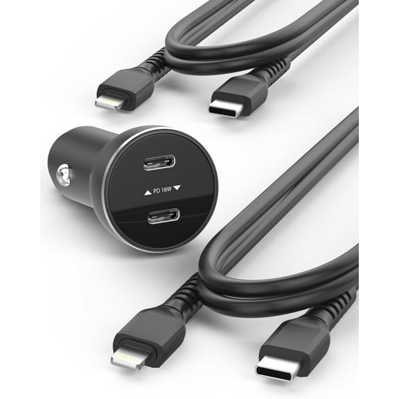 Galvanox Phone Car Charger, Dual 18W Fast Charging Ports (36W) PD Multi Adapter with 2 USB C to Lightning Cables