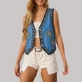 thumbnail image 2 of Womens Embroidered Vest Heavy Craftsmanship Denim Collar Sleeveless Summer Unique Short Top Dark Blue One Size, 2 of 4