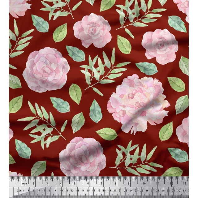 Soimoi Red Rayon Fabric Leaves & Flower Floral Print Fabric by Yard 42 Inch Wide