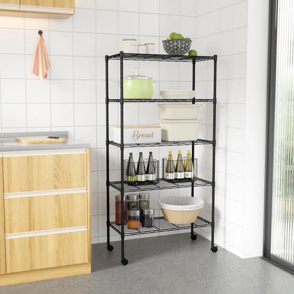 5 Tier Wire Shelving Unit Adjustable Storage Shelves 1250 lbs Heavy Duty Metal Shelf with Wheels for Garage, Bathroom, Kitchen,Office, Black