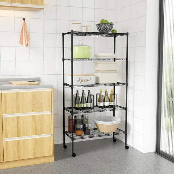 5 Tier Wire Shelving Unit Adjustable Storage Shelves 1250 lbs Heavy Duty Metal Shelf with Wheels for Garage, Bathroom, Kitchen,Office, Black
