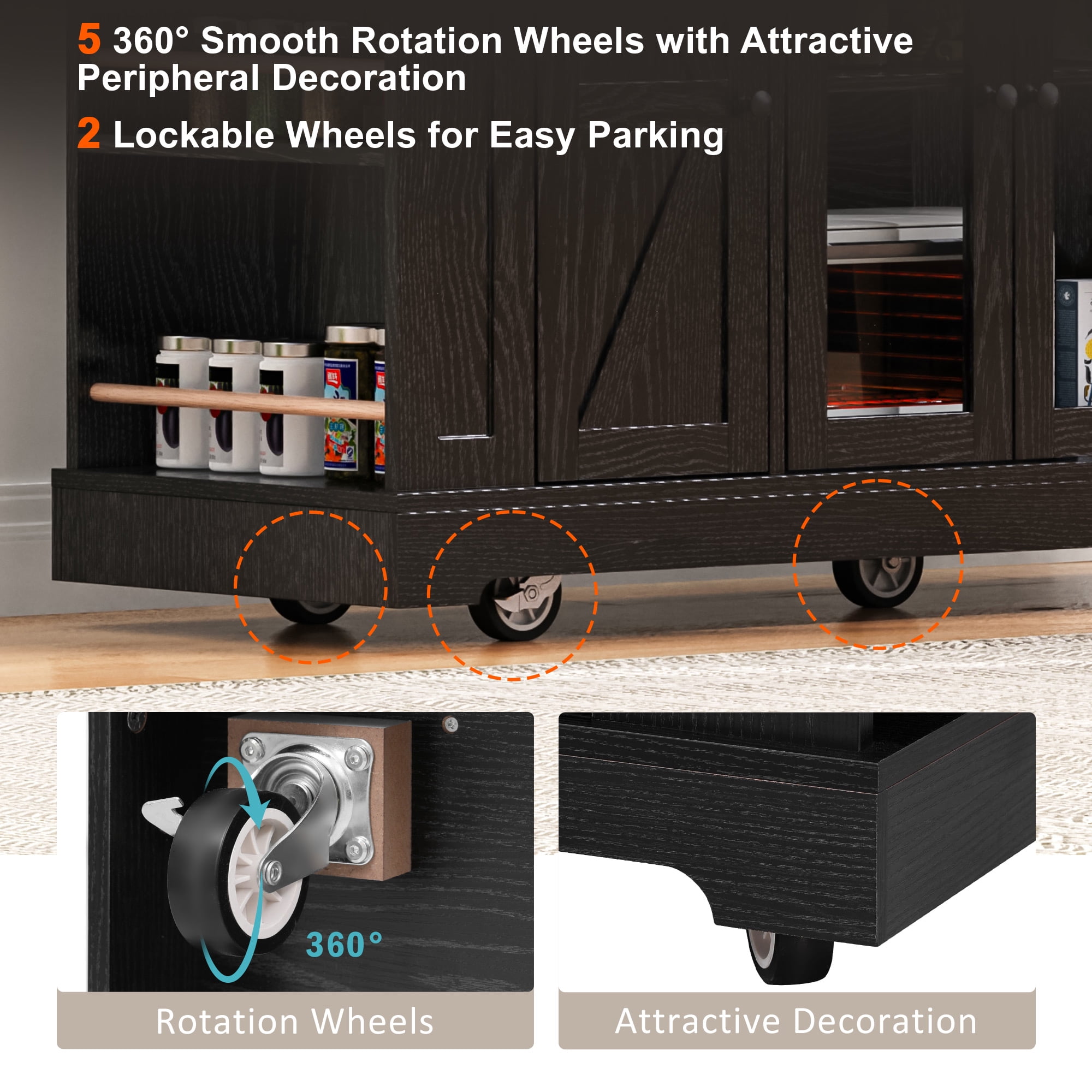 53" Farmhouse Kitchen Island with Tempered Glass Doors, Power Outlets, Drop-Leaf Tabletop, 5 Open Side Shelves & 3 Drawers, Rolling Kitchen Cart for Dining Room, Black