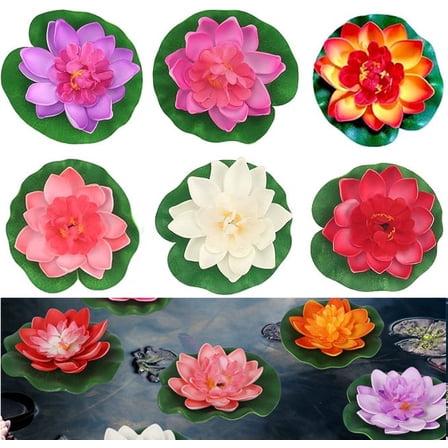 XZKING  Artificial Floating Foam Lotus Flower with Water Lily Pad for Home Garden Pond Decor,12Pcs