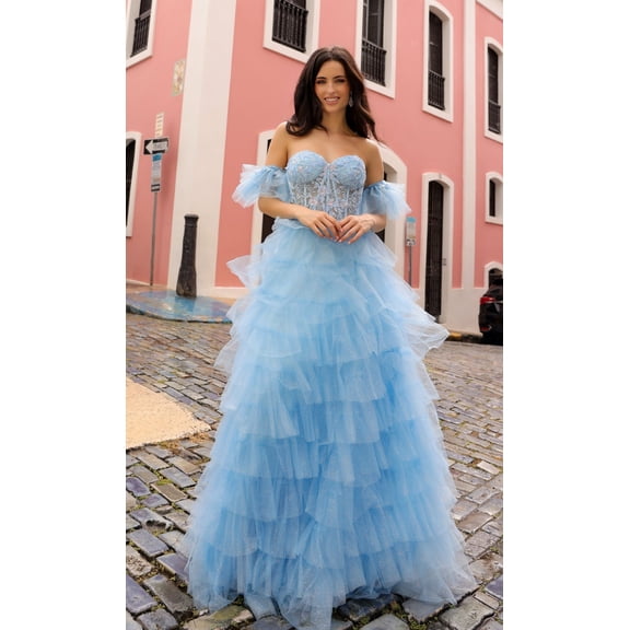 Women's Nox Anabel T1338 Romantic Strapless Ruffle Prom 2026 Dress With Puff Sleeves Light Blue Size 00