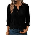 thumbnail image 3 of BiZtdJrK 3/4 Length Puff Sleeve Womens Sweaters Casual Button V Neck Henley Shirts Solid Color Pullover Blouse Going Out Tops, Black, L, 3 of 8