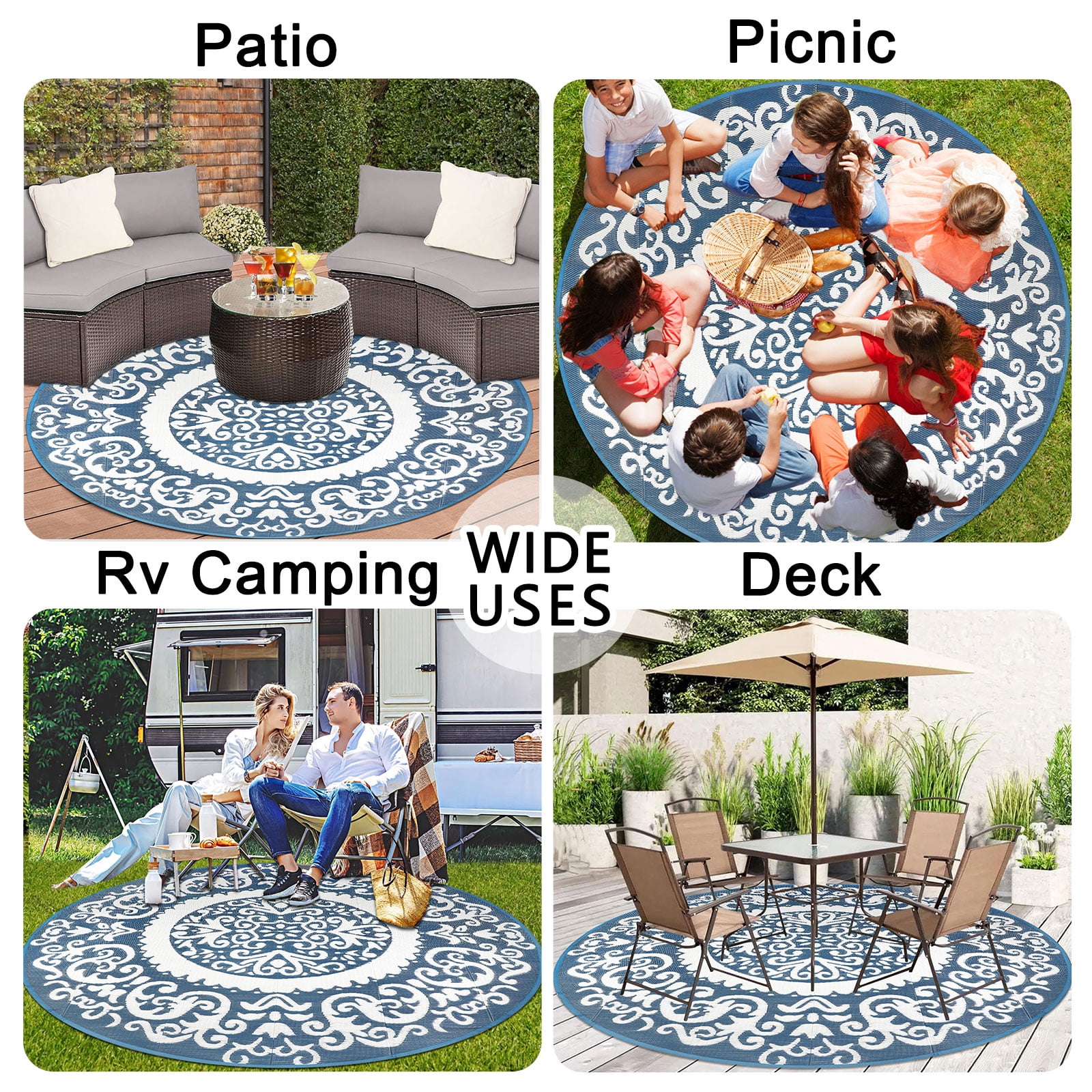 Aonewoe Round Outdoor Rugs 8Ft Waterproof Patio Plastic Straw Rug Reversible Camping Carpet Indoor Outdoor Area Rug for Patio,Deck,Balcony,Picnic,Beach,Outside