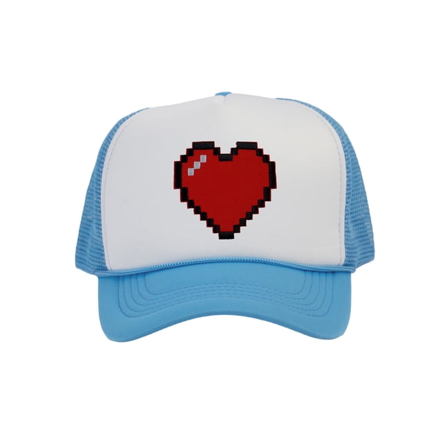 Men's 80's Retro Large 8 Bit Pixelated Heart Gamer Trucker Hat, White/Sky