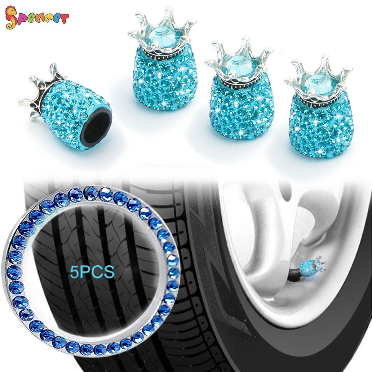 Spencer Pack Rhinestone Crown Valve Stem Caps Handmade Crystal Universal  Tire Valve Dust Caps Bling Car Accessories with 1PC Ring Emblem Sticker for  Auto Ornamen 