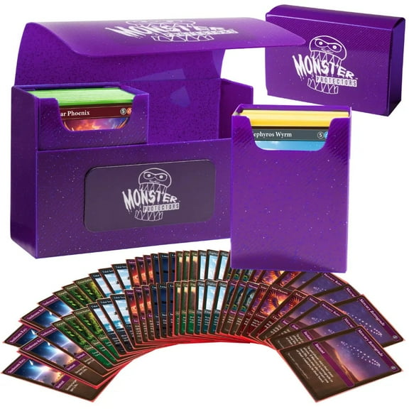 Monster Protectors Double Deck Storage Box with Self-Locking Magnetic Closure and Removable Compartments - Purple Glitter - Fits 150 Sleeved Small and Standard TCG Cards