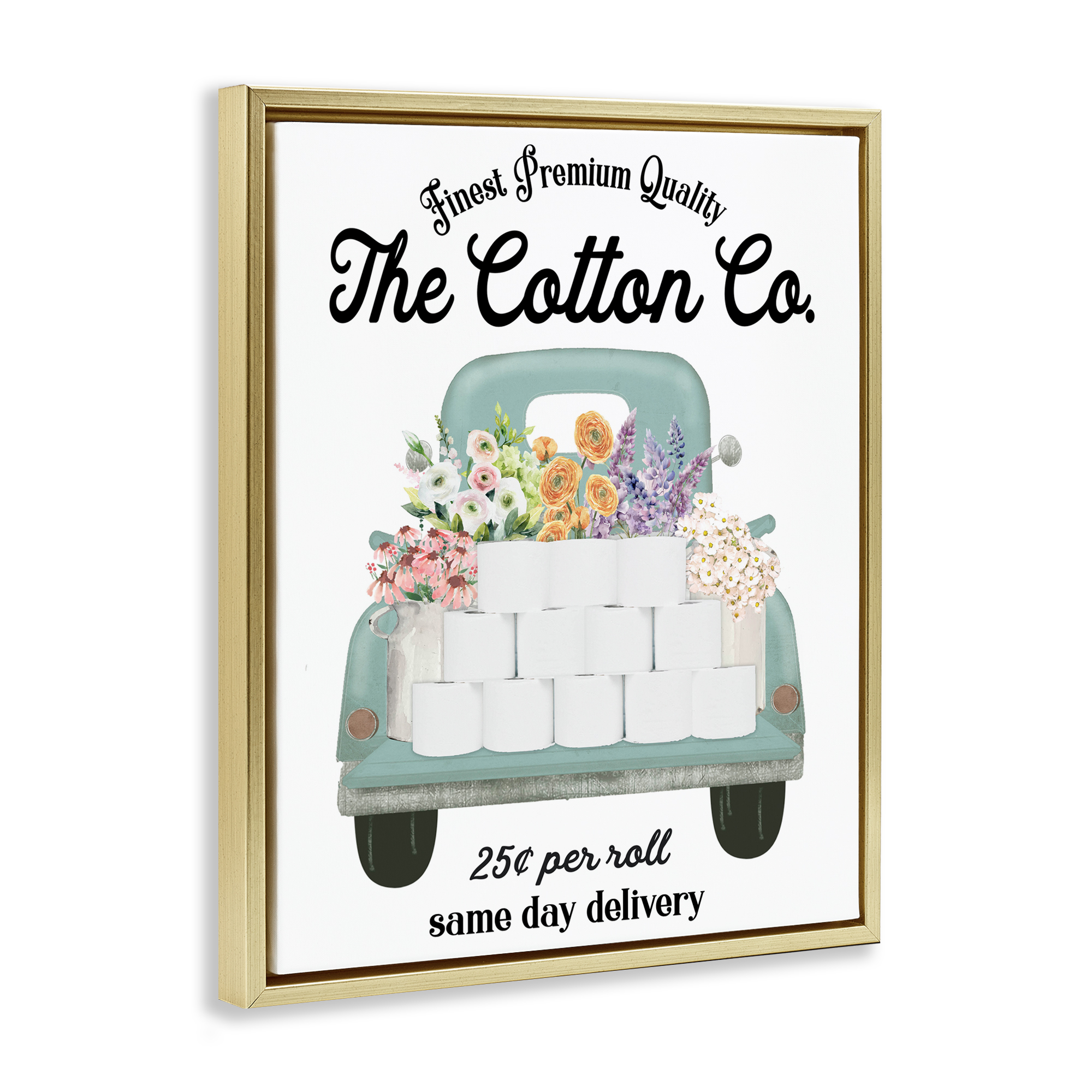 Toilet Paper Delivery Truck Gold Framed Floater Canvas Wall Art, design by Lettered and Lined