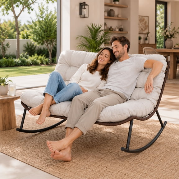 50.8 in Double Wide Rocking Papasan Chair, 2-Person Outdoor Lounge Chair with Thick Cushion, PE Rattan & Steel Frame, Beige