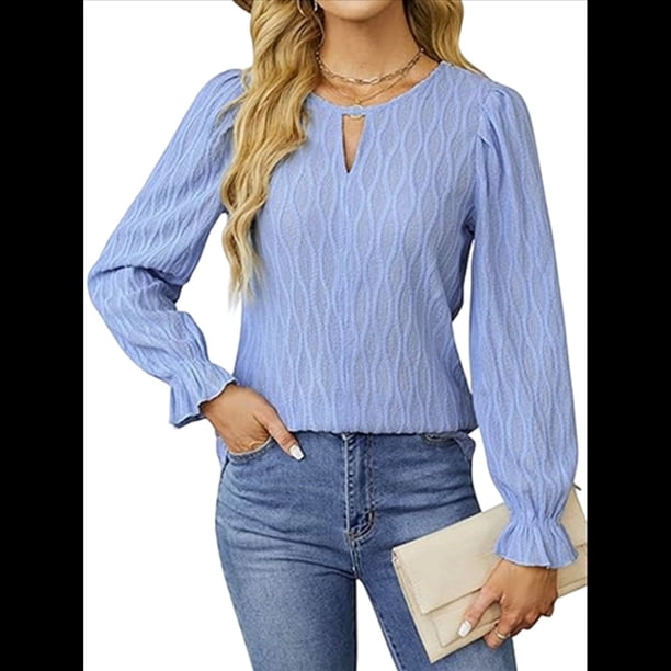 Camisa Formal Informal de Larga para Mujer, Estilo Ejecutivo, con Escote en V, para Trabajo, Moda de Otoño Azul M