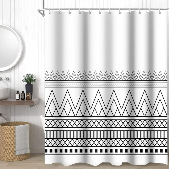 Black and White Shower Curtain, Boho Minimalist Black Striped Shower Curtain for Bathroom Modern Farmhouse Geometric Shower Curtain with Hooks, 84x84 Inch