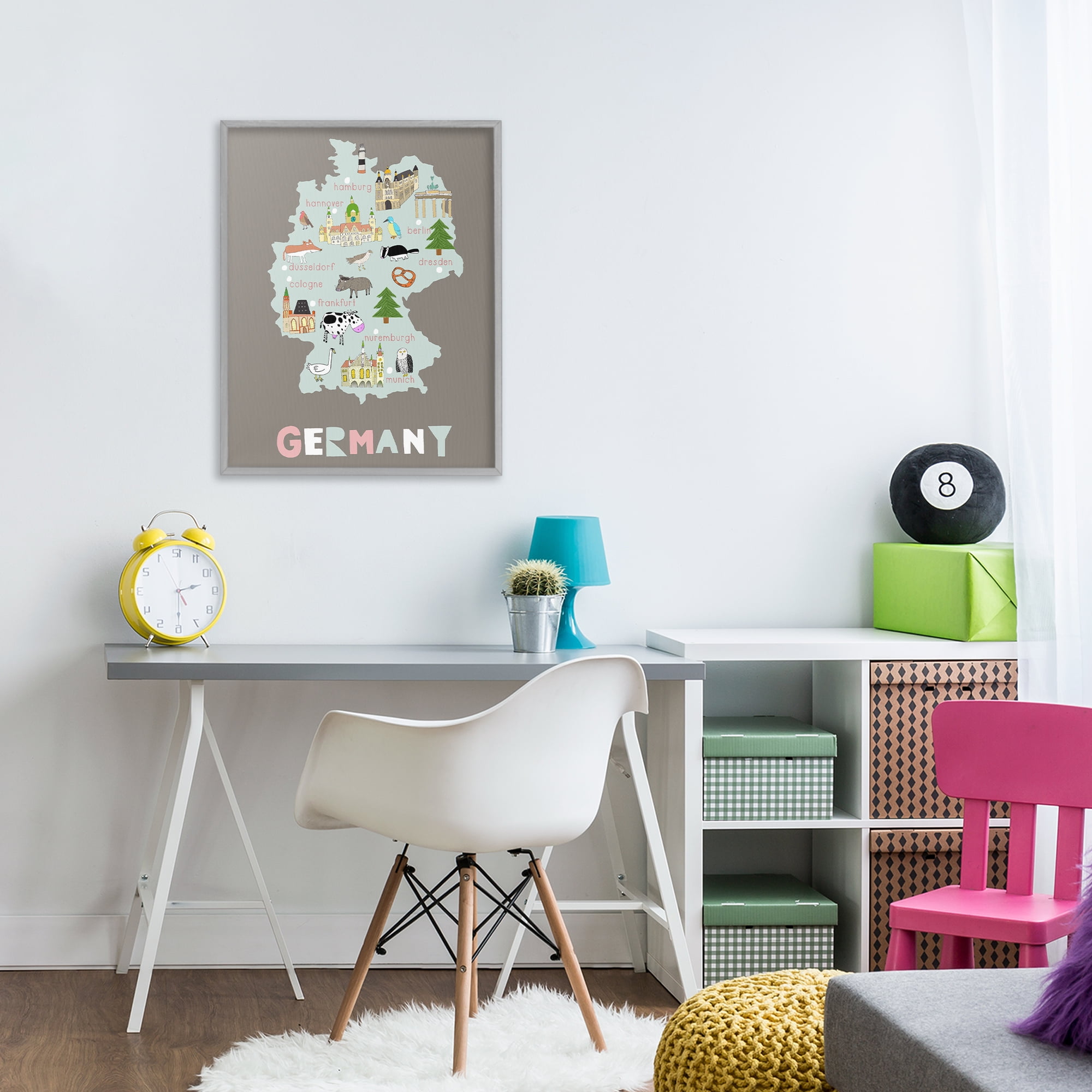 Kid's Map of Germany Gray Framed Giclee Art, design by Carla Daly