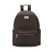 Backpack for Women Leather with Checker Print - Brown
