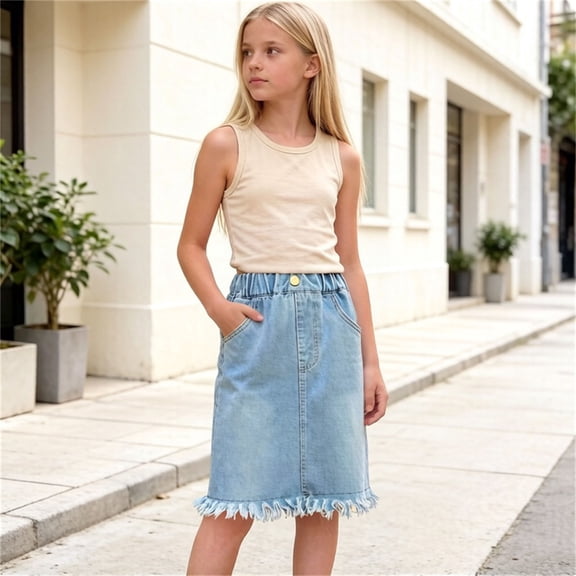 FSYBOA Girls Denim Skirt, Casual Vacation Mid Length Summer Kids Jean Skirt Blue Size 7-8T