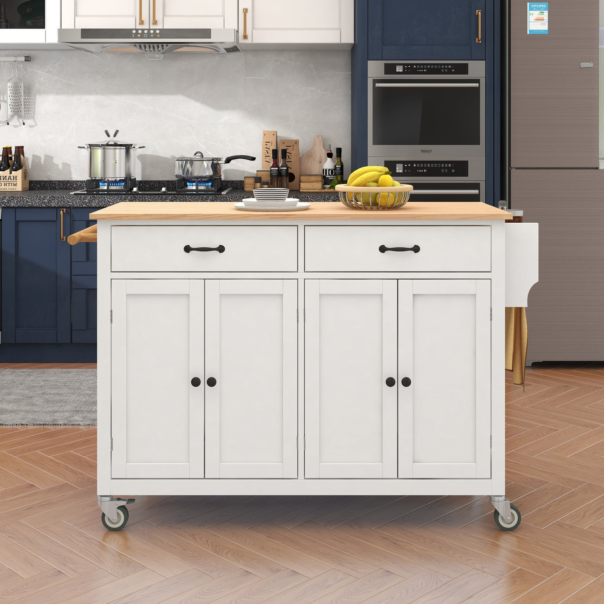 DEALTOPS 54.3" Kitchen Island Cart on Wheels, Kitchen Islands with Storage 4 Door Cabinet & Adjustable Shelves &Towel rack & 2 Drawers Storage Solid wood top-White