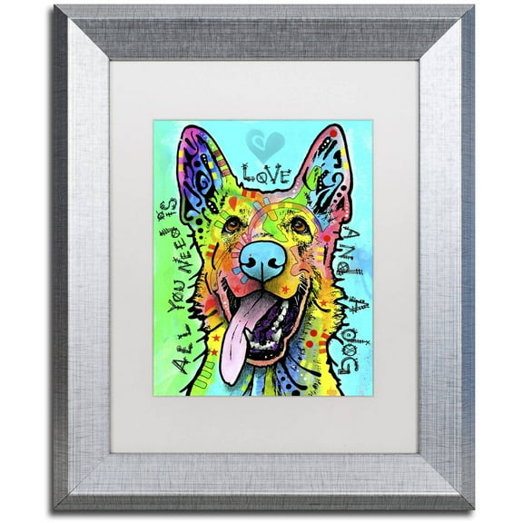 Trademark Fine Art 'Love And A Dog' Canvas Art by Dean Russo, White Matte, Silver Frame