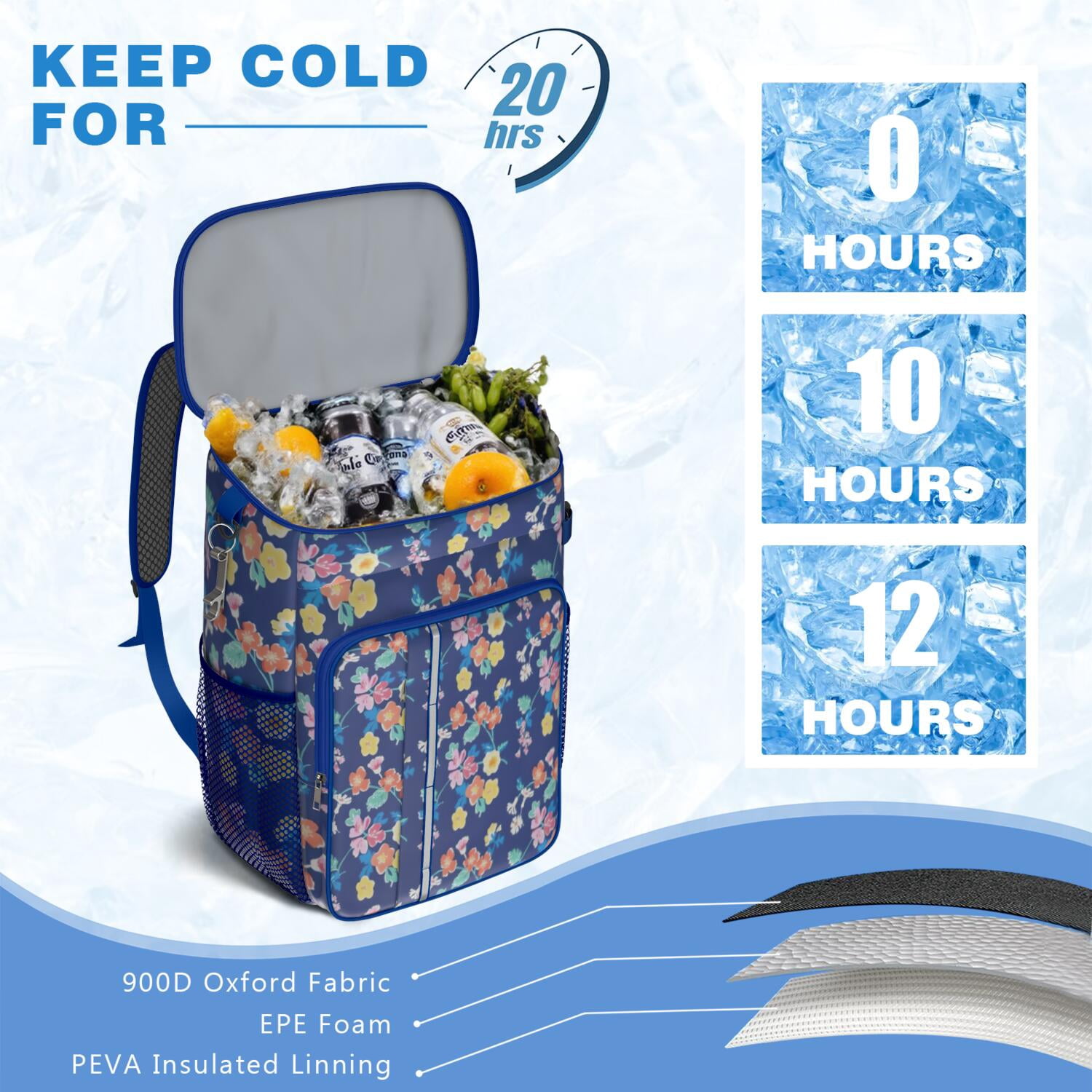 Travel Cooler Bag - Pioneer Flower Floral Print Pattern Camping Beer Cooler Backpack with Bottle Opener- Waterproof Insulated Picnic Backpacks - Cooler Bag for Beach