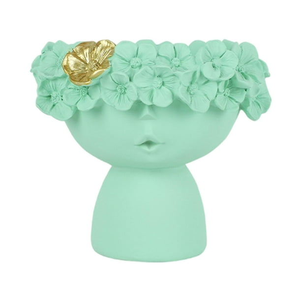 Pequeño jarrón de resina con forma de cabeza de niña, soporte para brochas de maquillaje, soporte para flores secas, decoración del hogar Verde