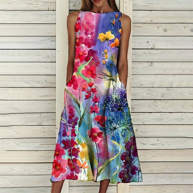 SMihono Robe Maxi Bohème d'Été pour Femmes Grande Taille Mode pour Femmes Ample Sans Manches avec Poches Longue Robe Imprimée Robe Rétro Robe de Plage Évasée Robe d'Été