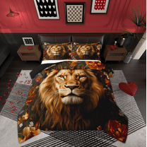 Manfei Kids Lion King Bedding Comforter Set, Jungle Wildlife Animal Twin Comforter Sets, Vintage Flower Reversible Bedding Set, Microfiber Bedroom Decor, 2 Pieces