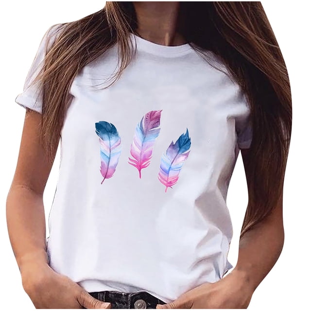 Pompotops Chemise à Manches Courtes Imprimé Plumes pour Femmes et Filles, Grande Taille