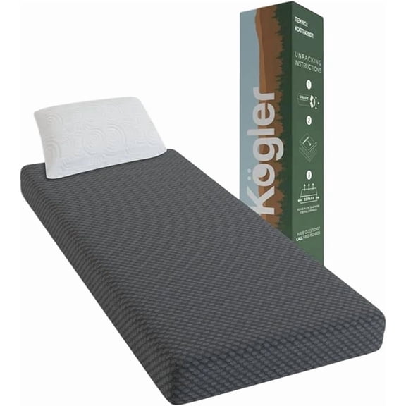 Kogler 10-Inch Gel-Infused Memory Foam RV Mattress with Cloth Cover and Standard Pillow for RV Twin Beds, Gray, 36x76x10