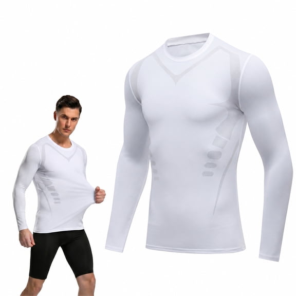 Men's Athletic Fit Rash Guard Long Sleeve Crew Neck Sun Protection Quick Dry Polyester Swimming Surfing Beach Tops, White, M
