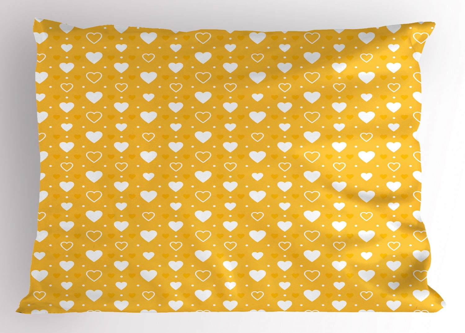Yellow Pillow Sham Full and Empty Heart Shapes with Little Dots and