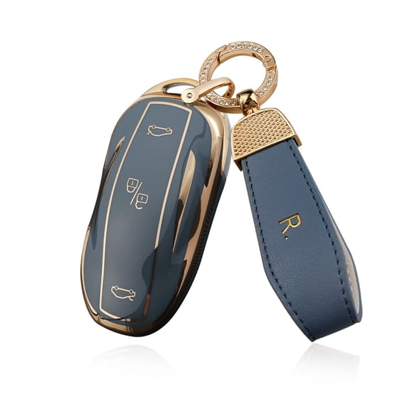 Fit for Tesla Fit for Model X Key Fob Cover Keyless Full Protection Soft TPU Golden-Edge Smart Key Holder Case with Leather Keychain