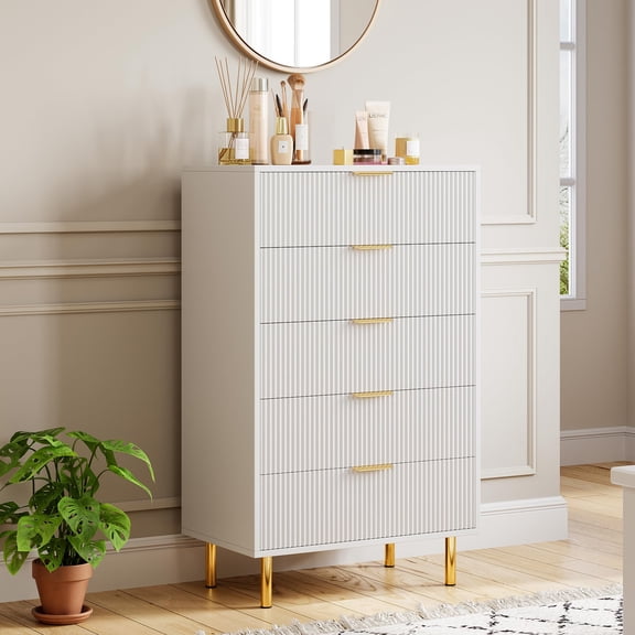 5 Drawer Dresser for Bedroom, 48" Tall Dresser Chest of Drawers, Modern Wood Storage Organizer with Gold Metal Handles & Anti-Tipping Device for Hallway, Entryway