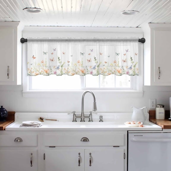 Spring Floral Valance Curtains for Kitchen/Living Room/Bathroom/Bedroom Window, Butterfly Summer Botanical Watercolor Rod Pocket Small Topper Half Short Window Curtains Voile Sheer Scarf 42"x12"