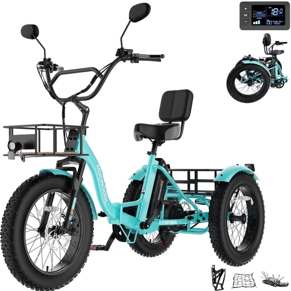 MOONCOOL Folding Electric Tricycle for Adults, 20" x 4" Fat Tire Electric Trike, 48V Peak 1092W Electric Bicycle, 3 Wheels 7 Speed Ebike w/ 14.5Ah Removable Battery& Speed Differential Mechanism